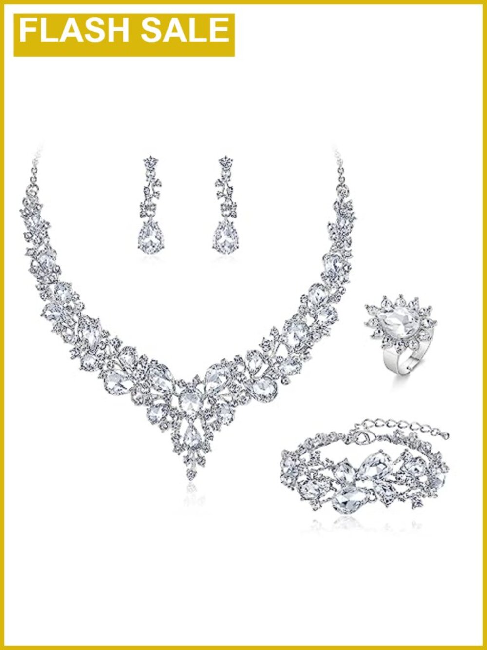 4-Pc Crystal Wedding Jewelry Set Necklace Earrings Bracelet Ring